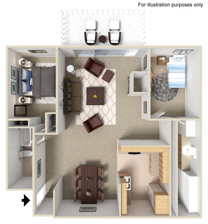 Floor plan for 2 beds, 2 baths, 1088 sqft